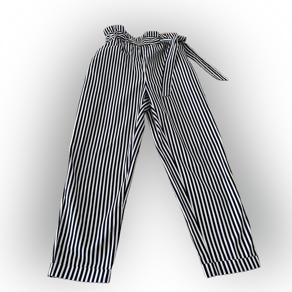 Zara Women Drawstring Striped Ankle Pants Size:XS Navy/White